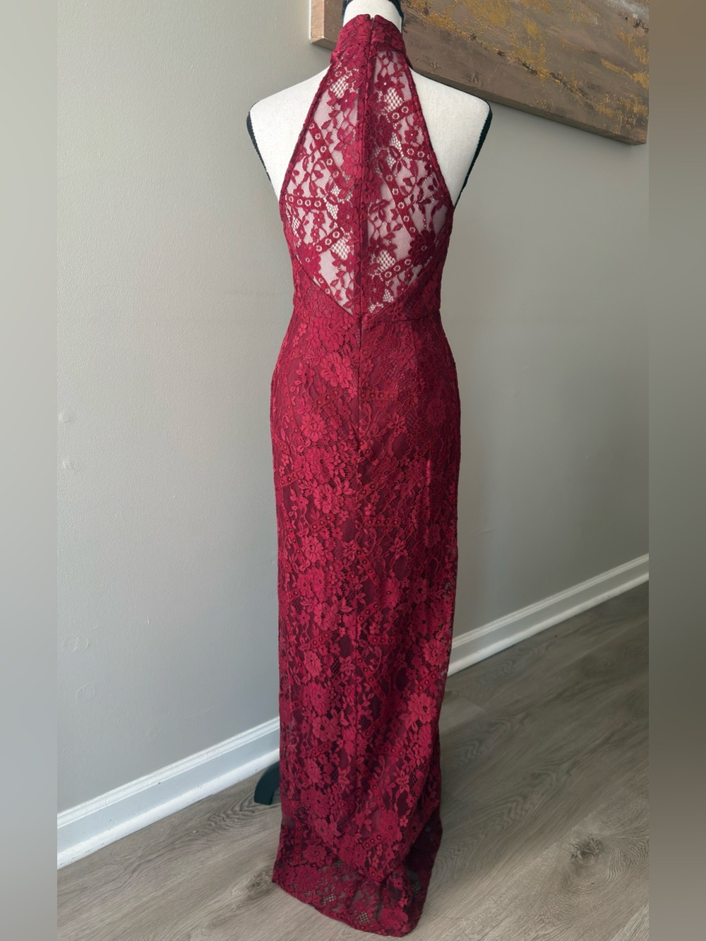 DB Studio Wine Allover Lace Halter Gown with Slit Size 4